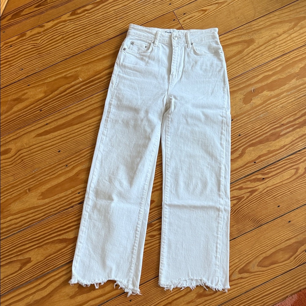 Zara White Wide Leg Frayed Jeans